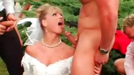 Bride gets fucked by groom`s buddies and showered with cum