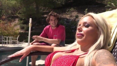 Chubby blonde Nina Elle drops her red bikini to be fucked hard