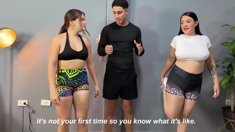 Athletic dude pounds two chubby latinas during yoga class