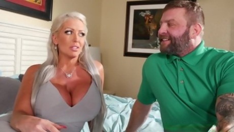 Busty cougar gets intimate with her submissive male slave