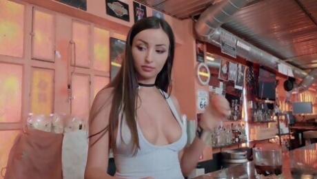 Whorish busty bar girl Alyssia Kent exposes booty and gives client a ride
