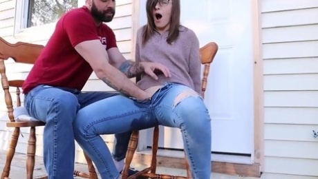 Bearded perv masturbates his gf's pussy on the porch till she squirts