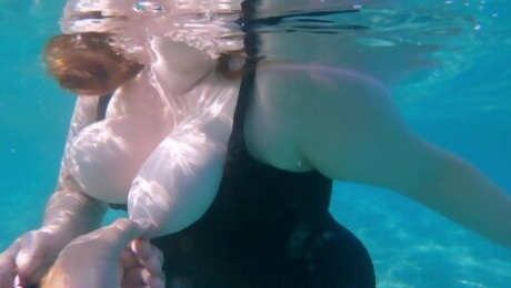 Underwater Footjob Sex & Nipple Squeezing POV at Public Beach - Big Natural Tits PAWG BBW Wife Being Kinky on Vacation