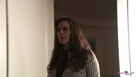 The brunette undercover reporter is quickly discovered and disciplined during the hardcore group sex session