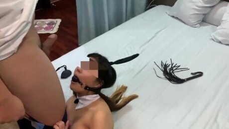 BDSM - Blindfoldedbunny maid GOT tease with whips n face fucked hard till cum on her face