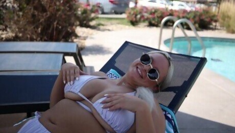 Real Amateur college girl at the pool with big natural tits willing to risk it all for the camera.