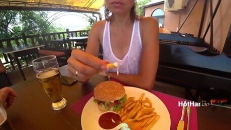 Eating burger and flashing in the cafe Transparent T-shirt No Bra (teaser) v2