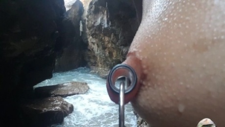 nippleringlover - naked at nude beach - pierced pussy & pierced tits - stretched nipple piercings