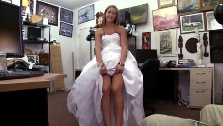 Long-legged bride gets banged in pawn shop